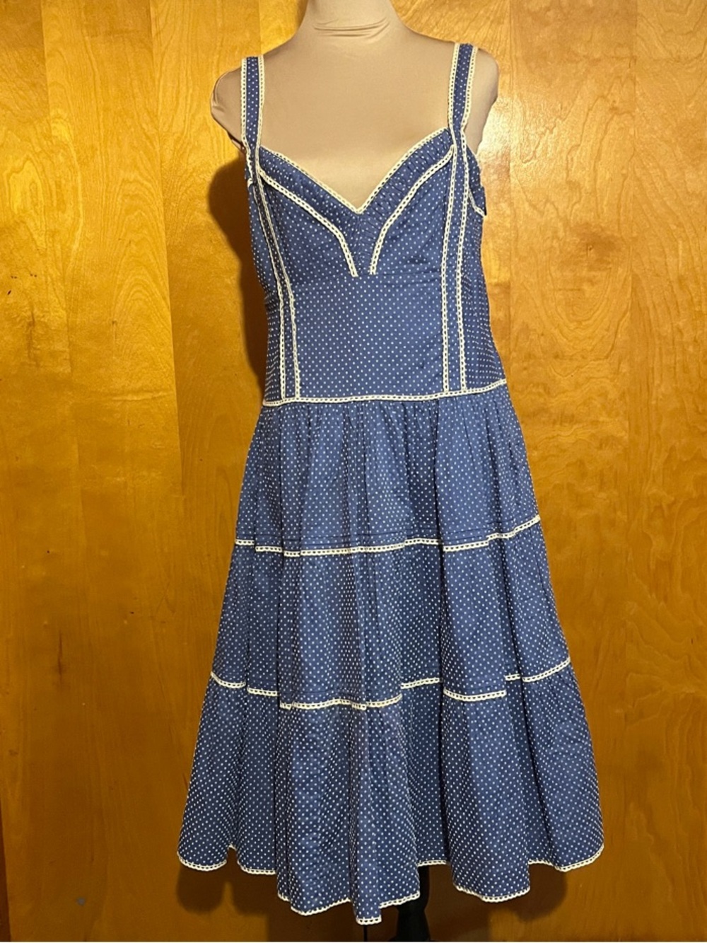 Anthropologie Viola Size 10 Blue Polka Dot Midi Dress with Sweetheart Bodice